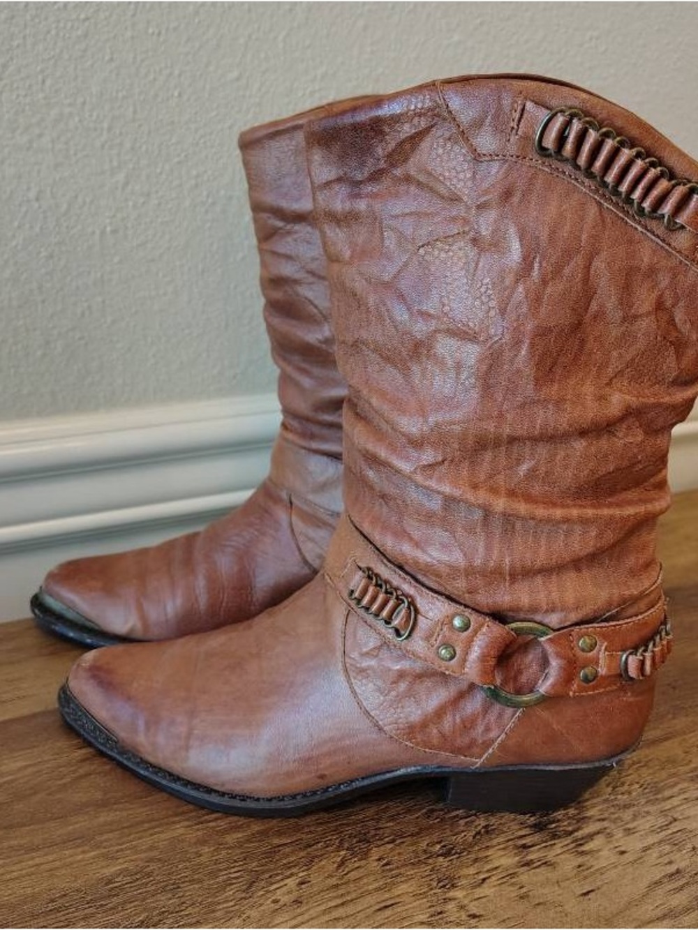 Vtg 80s Leather Slouch Western Boots Womens 6.5 Brass Toe Buckles Fits 7-7.5